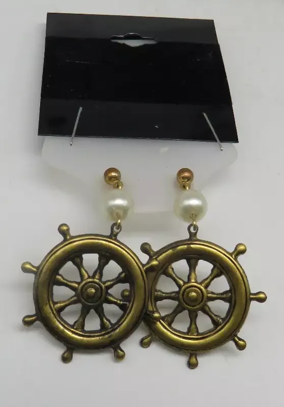 Antique Bronze Ships Wheel And Pearl Dangle Post Earrings 10/30/2025 THIS PART IS IN STOCK as of 10/30/2025